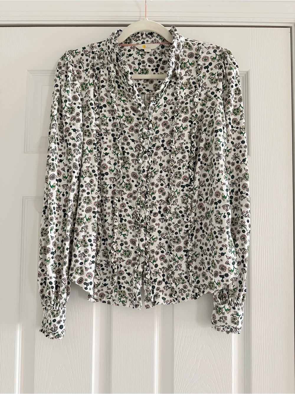 Boden White Button-Front Floral Ruffle Blouse with Green and Black Accents
